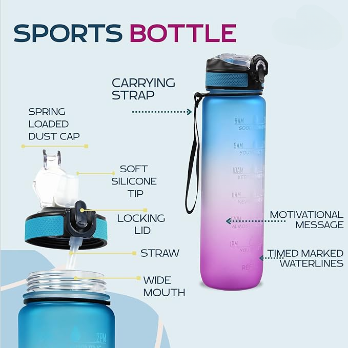 Sport Print 1000ml Gym water Bottle with time maker | Leak Proof BPA Free | Fitness Sipper | Gym Workout Running Cycling Outdoor Travel|
