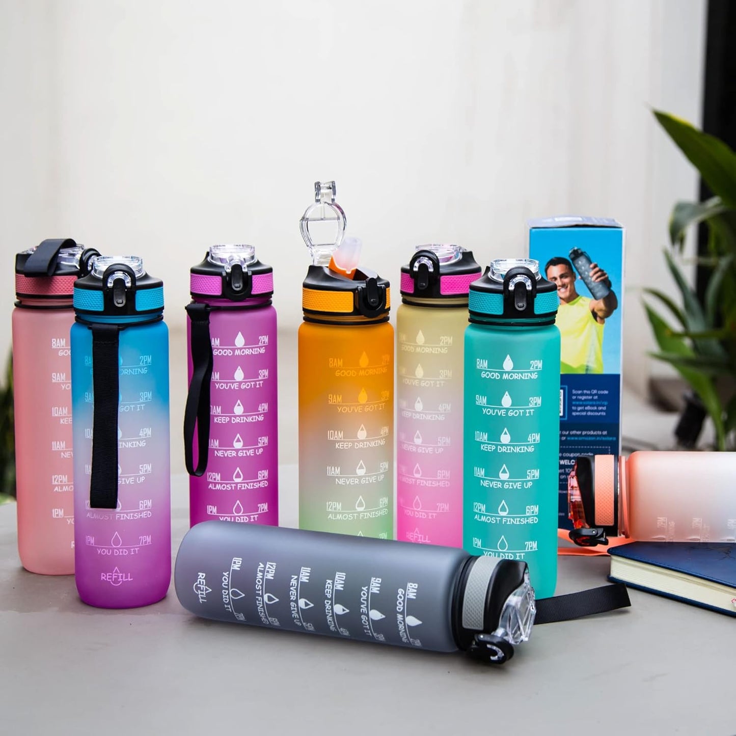 Sport Print 1000ml Gym water Bottle with time maker | Leak Proof BPA Free | Fitness Sipper | Gym Workout Running Cycling Outdoor Travel|